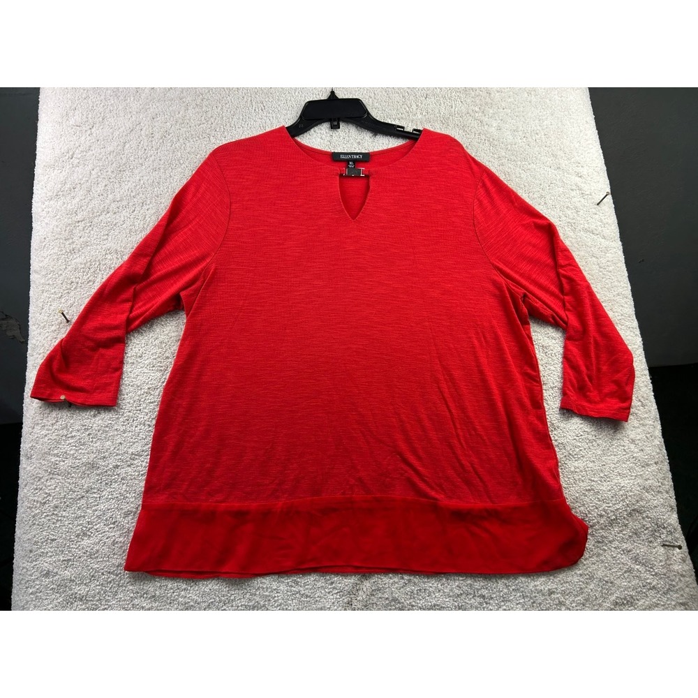 Ellen Tracy Women's Red XL Top Rayon Spandex Keyhole Neck 3/4 Sleeve